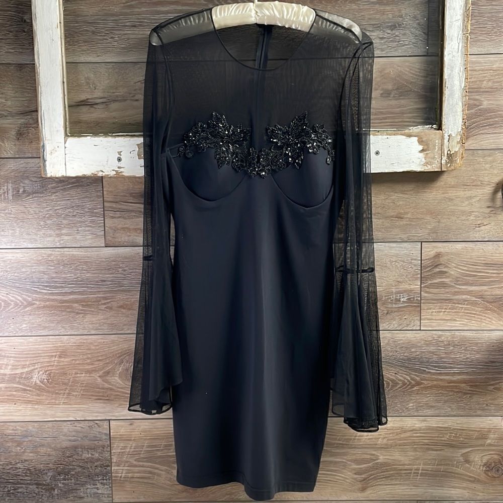 Ladies Black Goth Cocktail Dress, Vintage, Black, Sheer, Bell Sleeves